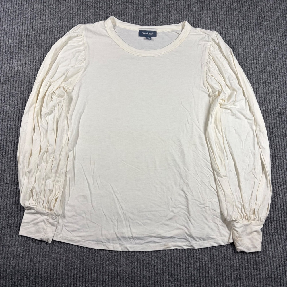 ModCloth Shirt Womens M Cream Long Puff Sleeve Crew Neck Top Made in USA
